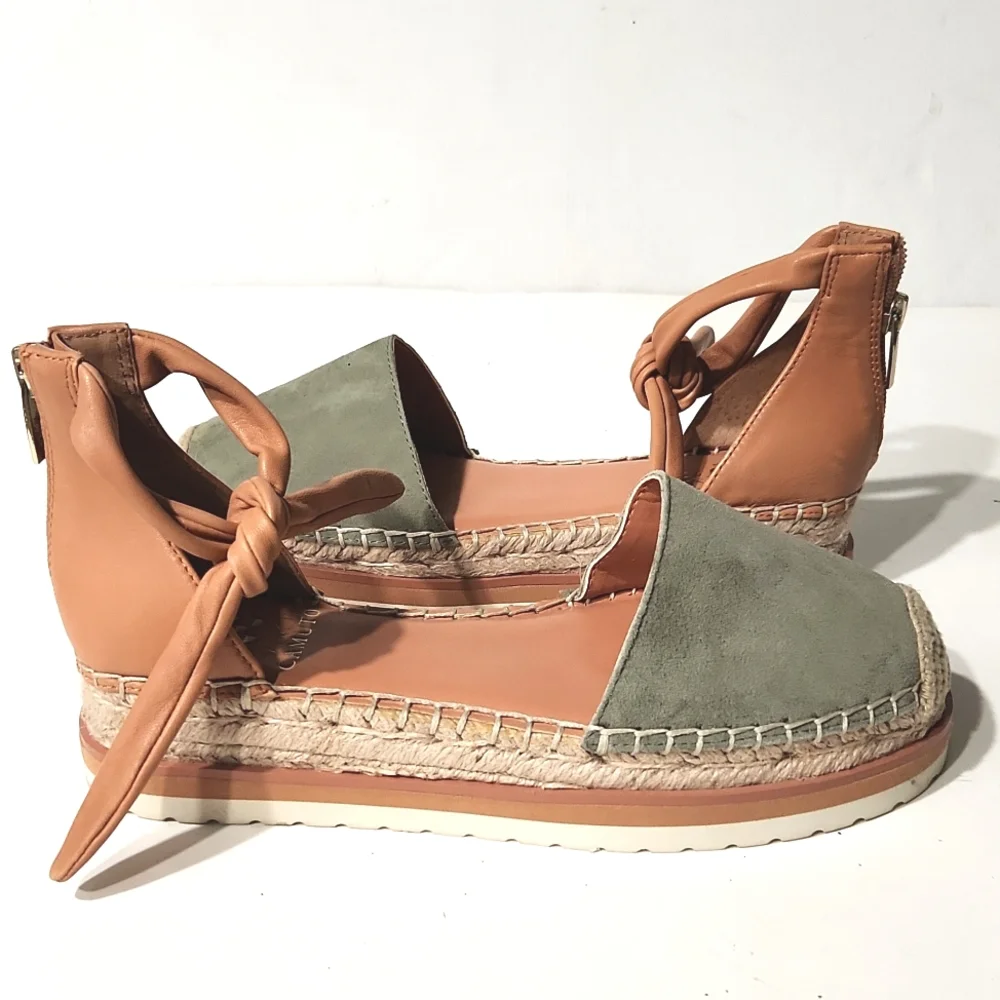 Vince Camuto Binadee Leather Platform Espadrilles Olive Size 6M EUC!!